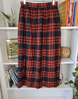 Vintage Suttles & Seawinds Plaid Midi Skirt Wool Cotton Red Blue Plaid XS Small